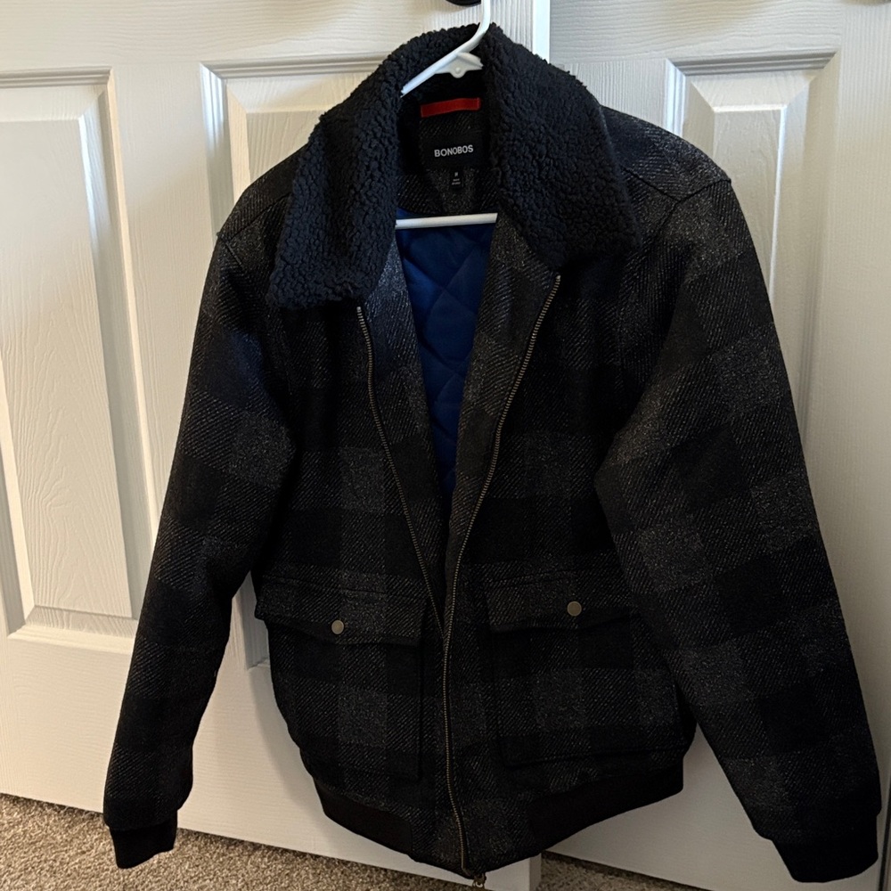Excellent Used Condition Bonobos Men's Plaid Black Shearling Bomber Jacket